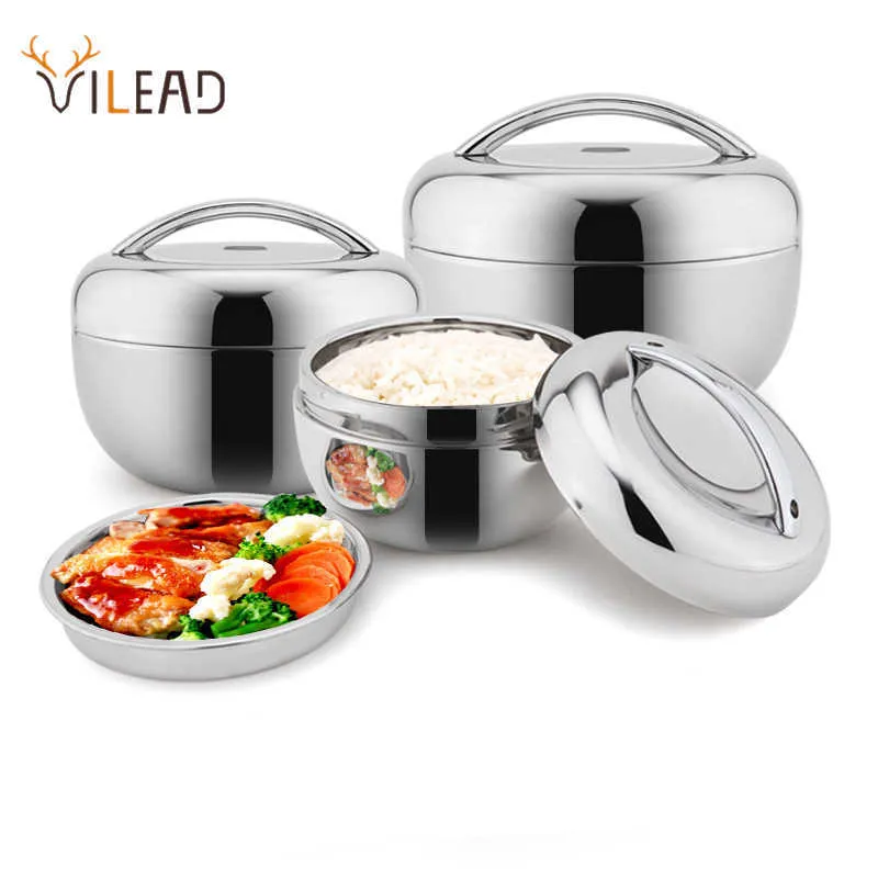 VILEAD Stainless Steel Lunch Box for Kids Food Container Handle Heat Retaining Thermal Insulation Bowl Portable Picnic Bento 210709