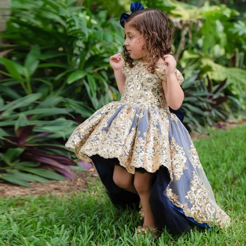 Meisjesjurken Blue Hoge Kwaliteit Bloem Meisje Baby Pageant Golden Applicaties Pografie Robe de Demoiselle Kids Prinses Verjaardag