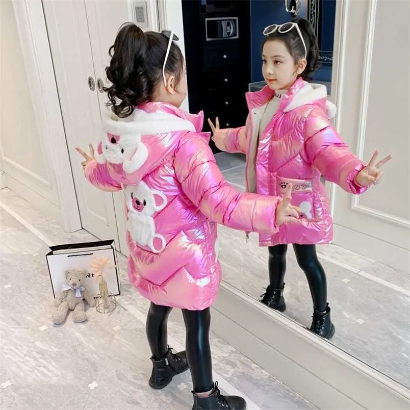 2 4 6 8年間の女の子長い冬ダウンジャケットかわいいベアーコートパーカーファッションの明るいフード付き子供たち防水アウター211203