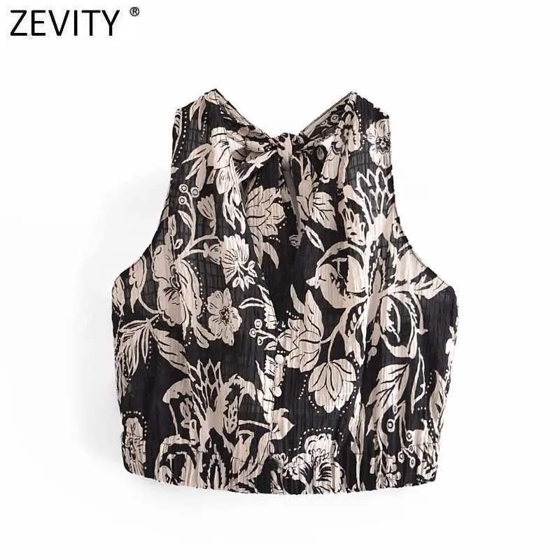 Zevity女性ヴィンテージ熱帯花柄プリントショートスモックブラウス女性スリーブレス背中の蝶ネクタイベストシャツシッククロップトップスLS9253 210603