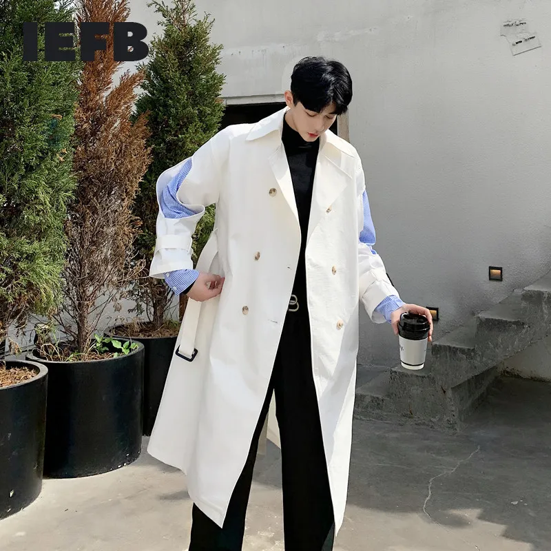 IEFB / Erkek Erkek Giyim Bahar Rüzgarlık Erkek Vintage Moda Kore Uzun Ceket Patchwork Sahte İki Adet Trençkot 9Y1203 210524