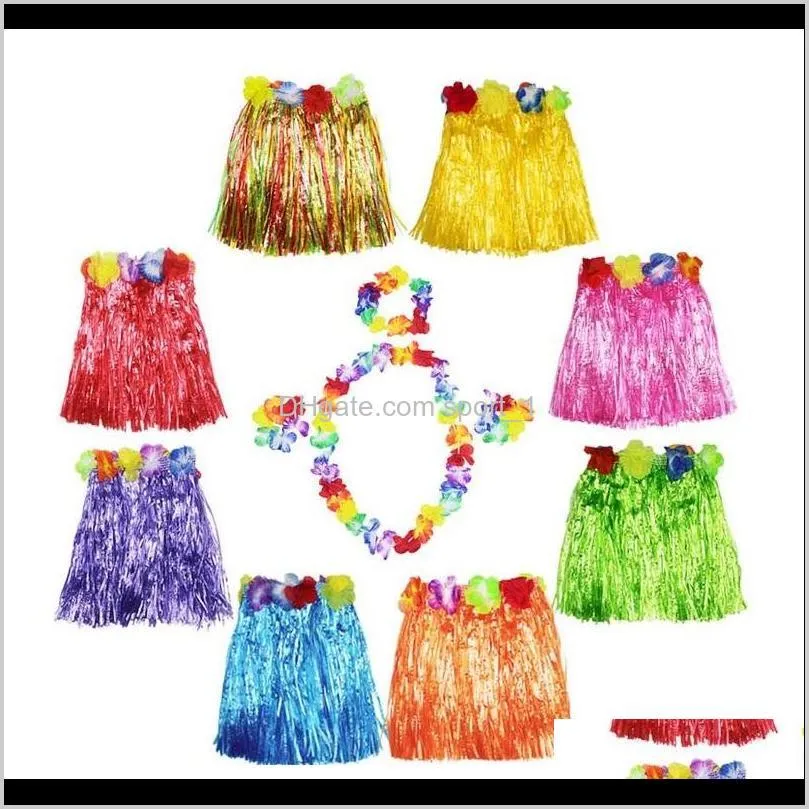 30 sets 30cm hawaiian hula grass skirt + 4pc lei set for child luau fancy dress costume party beach flower garland set za1581