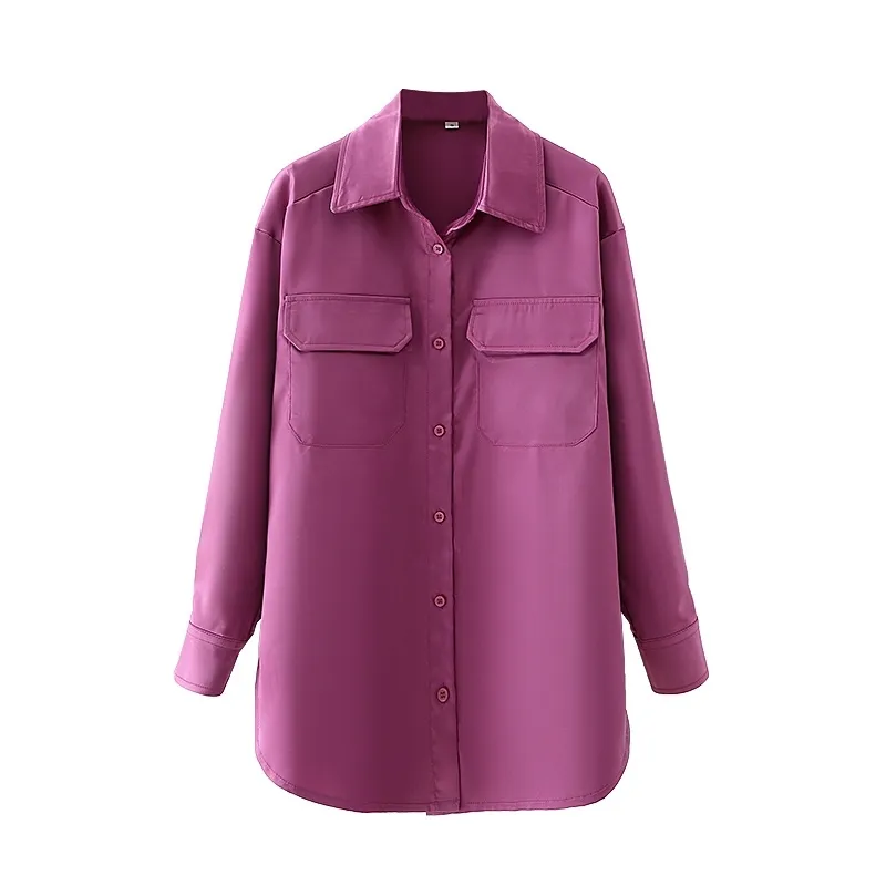 Mulheres elegantes Purplish Vermelho Camisas Fashion Senhoras Desligado Collar Bolso Tops Causal Feminino Chique Cetim Macio Blusa 210430