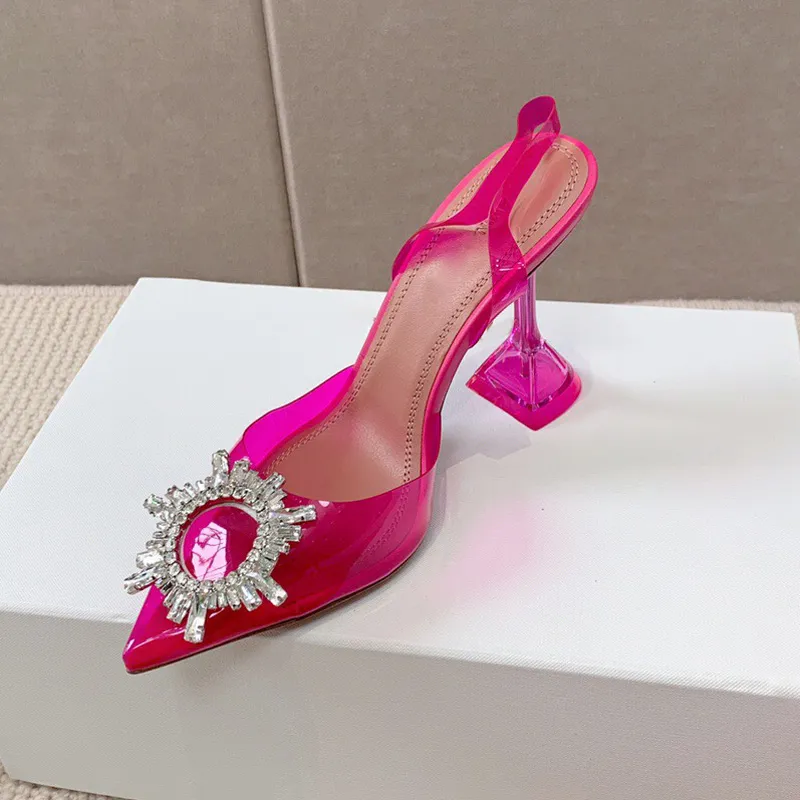 fashion luxurious designer Sandals Blue Crystal Goblet Heel Sandal Women Pointed Toe Jeweled Sunflower Buckle Transparent PVC Party Shoes Woman 9.5cm Skin bottom