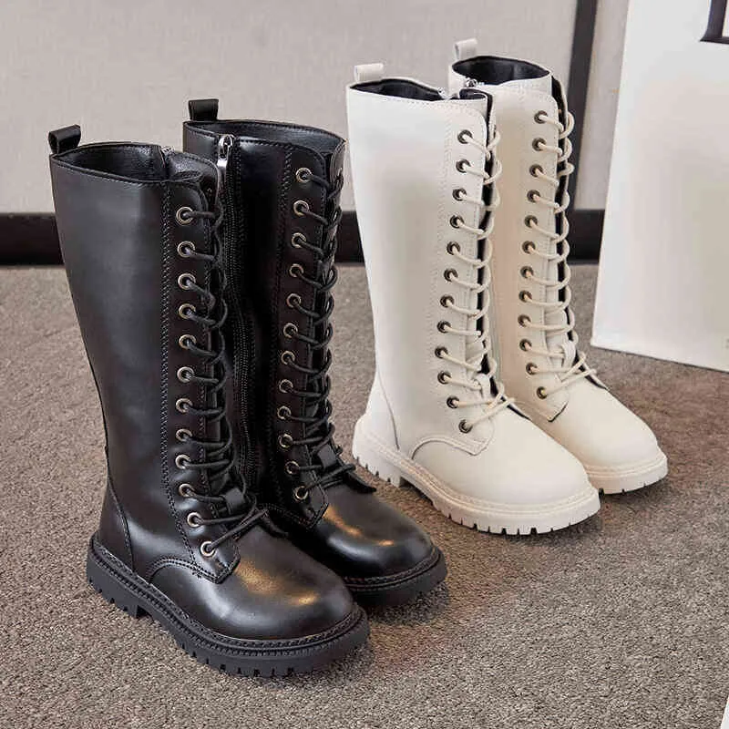 Girls Long Boots Children Motorcycle High Zipper Fashion Classic Black White Autumn Winter Kids Rubber 211108