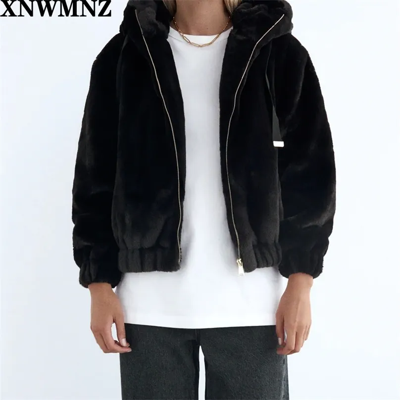 女性ファッション冬のフェイクの毛皮のフード付きジャケットの女性の高い襟調節可能な巾着フード長袖ポケットジッパーアップ210520