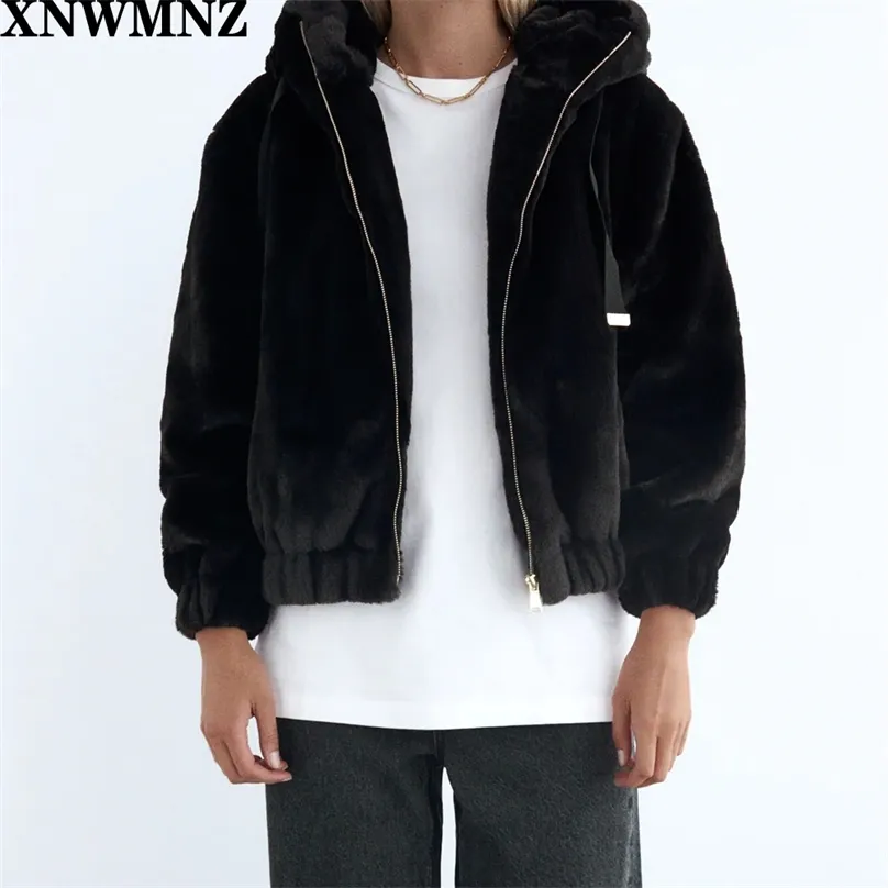 Kvinnor Mode Vinter Faux Fur Hooded Jacka Kvinna Högkrage Justerbar Dragkropp Hood Långärmade Fickor Zip-up 210520