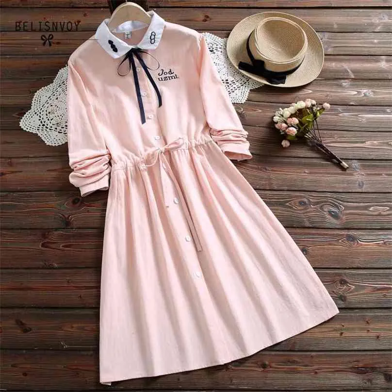 Japansk Mori Girl Spring Women Shirt Klänning Peter Pan Collar Lace Up Broderi Söt Elegant Kawaii Bomull Rosa Blå 210520