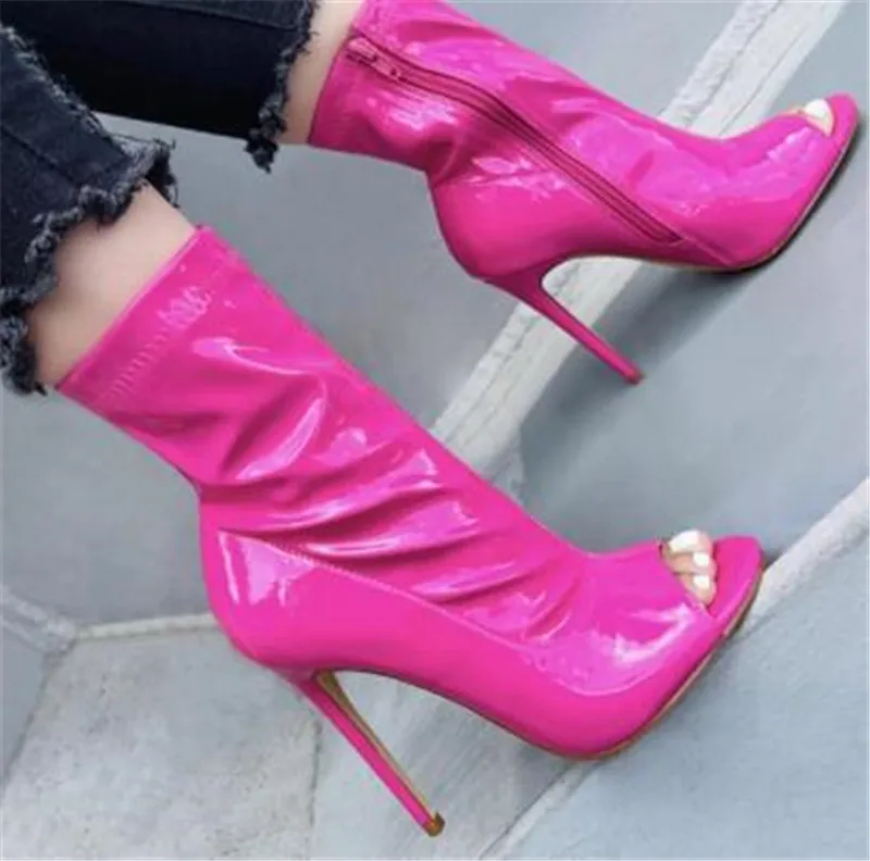 Sexy Women Peep Toe Rose Pink Stiletto Heel Short Boots Patent Leather White Yellow High Heel Ankle Booties Big Size