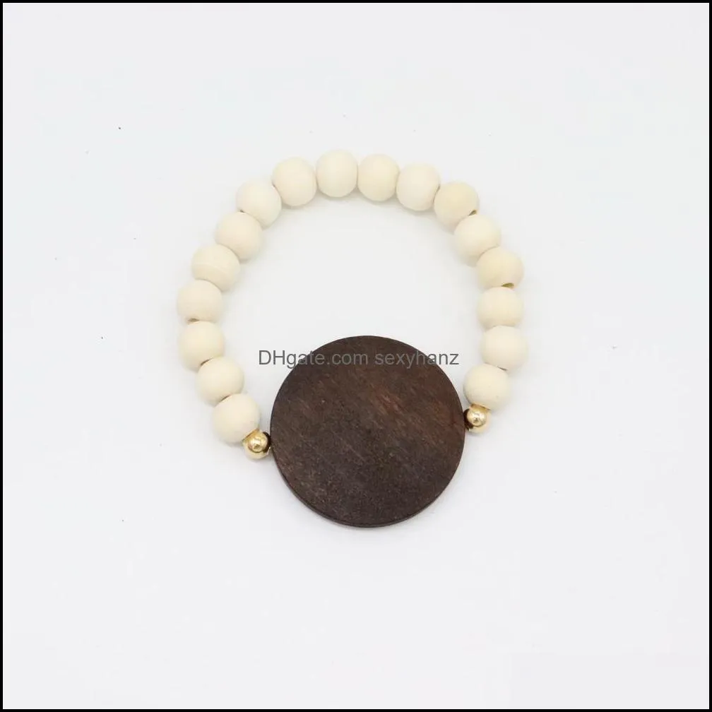 Handmade artificial laser engraved wood disc stretched wooden beads elastic bracelet