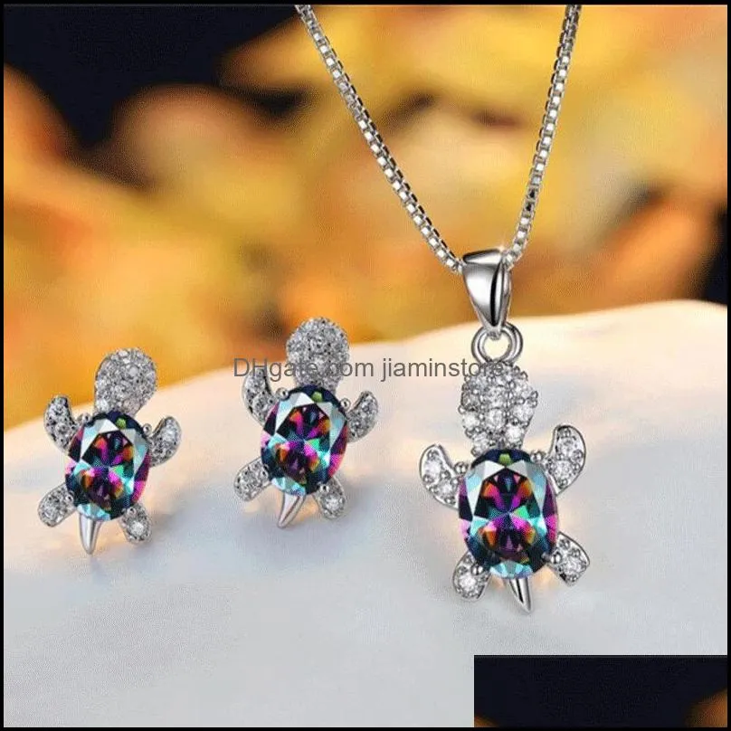 Blue Purple Oval Zircon Turtle Stud Earrings and Chain Necklaces For Women Wedding Jewelry Sets Rainbow Crystal Stone Bridal Se