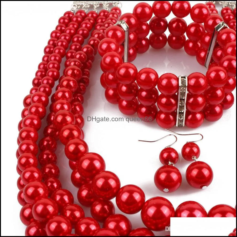 Red Imitation Pearls Bridal Jewelry Sets Women Fashion Wedding Gift Classic Ethnic Collar Choker Necklace Bracelet Earring Sets