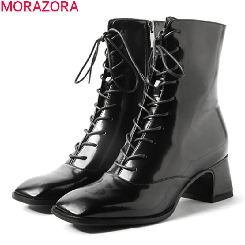 MORAZORA arrival fashion ankle boots genuine leather boots thick heels square toe lace up ladies shoes black 210506