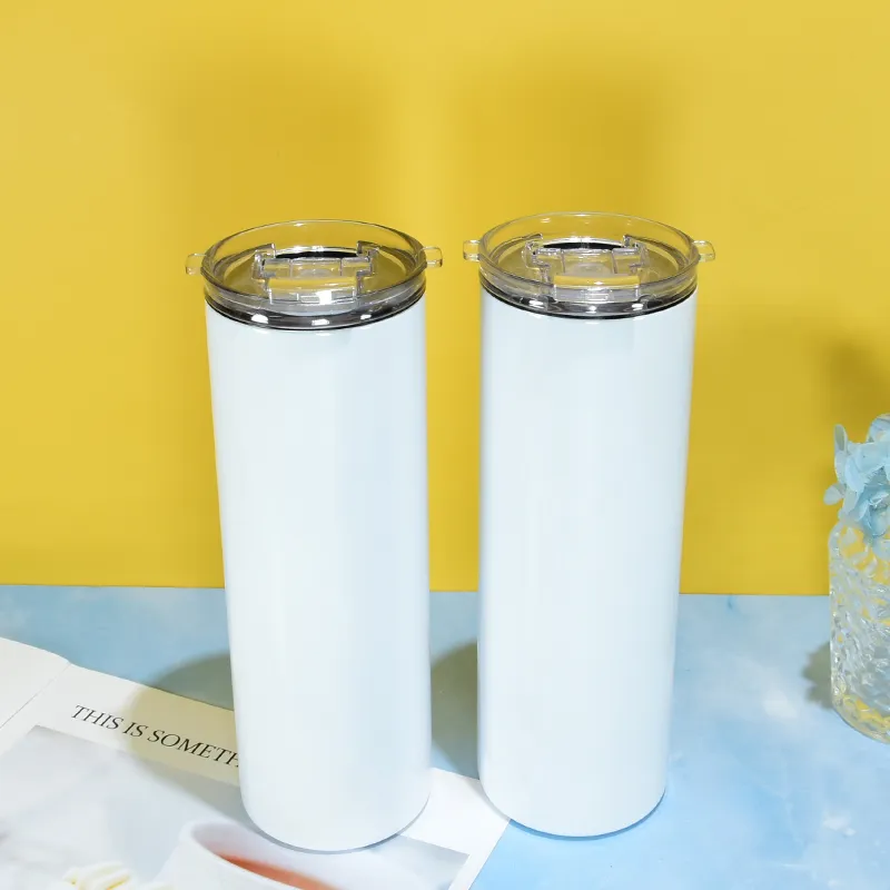 20-Unzen-Sublimationsbecher, blanko, glänzender, gerader Becher mit neuartigen Deckeln, durchsichtiger Strohhalm, weiße Box, Edelstahl-Wasserflaschen, doppelwandige, vakuumisolierte Becher