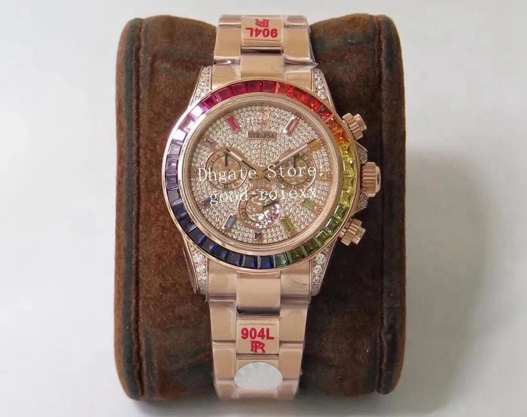 Chrono ETA 7750 zegarek Męski Automatyczny zegarek chronografu Mężczyźni 904L stalowy diamentowy pierdel Kryształowy Rose Gold Rainbow 116598 259Q
