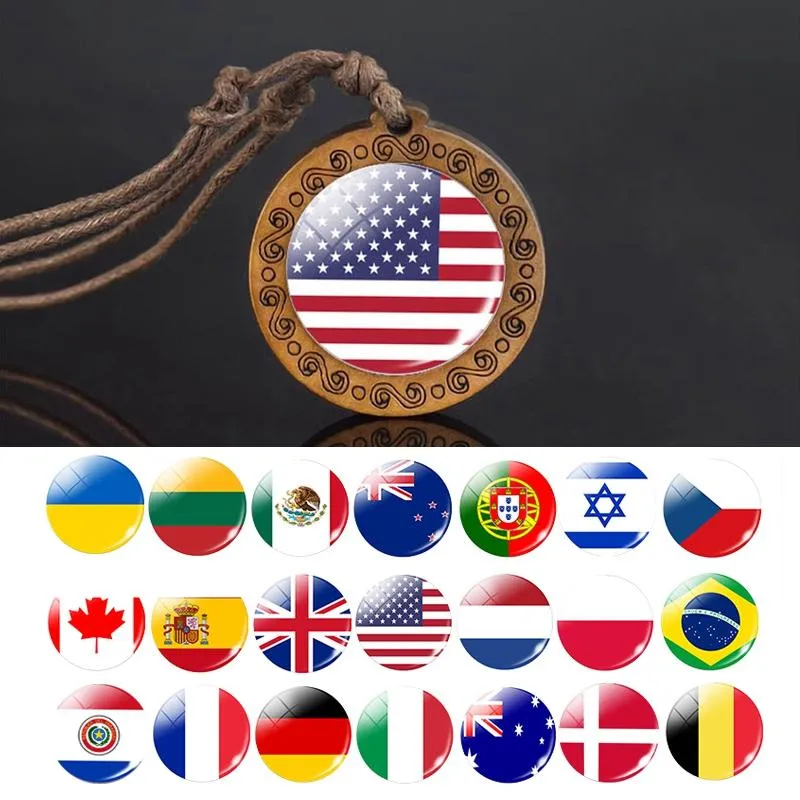 Hängsmycke halsband National Flag Necklace USA UK Kanada Frankrike Spanien Glas Trä smycken för män Kvinnor