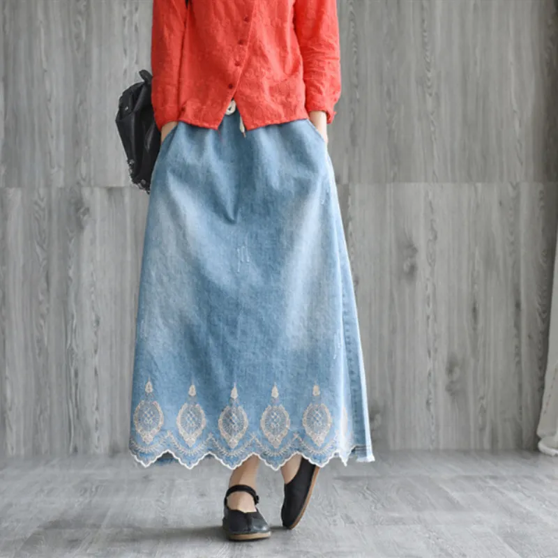 Johnature Loose Wild Long Cotton Fashion Embroidered Denim Women Skirt Spring Summer a-line Denim Female Skirt 210521