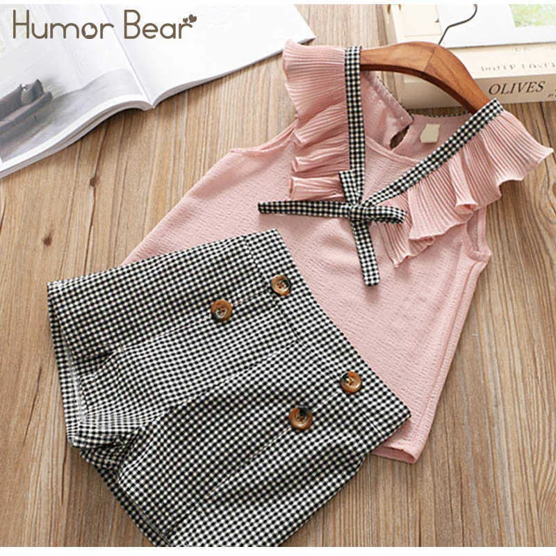 ユーモアベアファッション服セット夏の女の女の袖の弓Tシャツ+格子縞のボタンショーツ子供服x0902