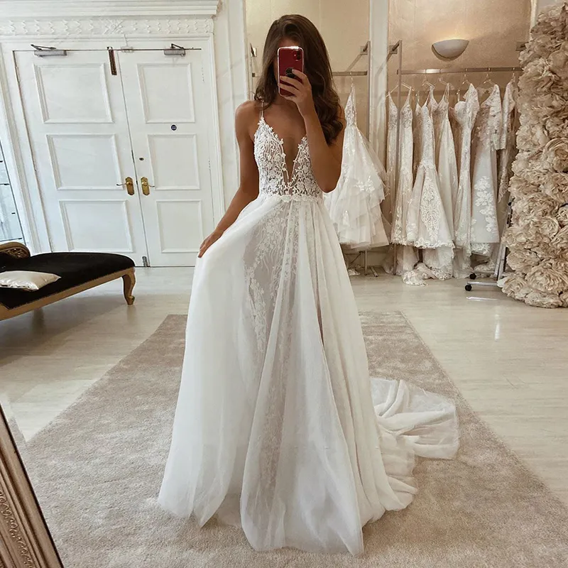 Hochzeitskleid Boho Spaghettiträger Applikationen Spitze Böhmische Brautkleider Spitze Brautkleider Trouwjurk Robe de Mariage