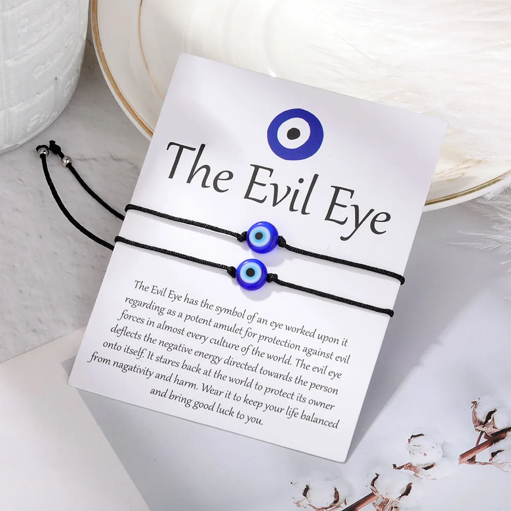 Handmade Evil Blue Eye Bracelets Set with Card Red Black String Bracelet Protection Luck Amulet for Women Men Family Friends