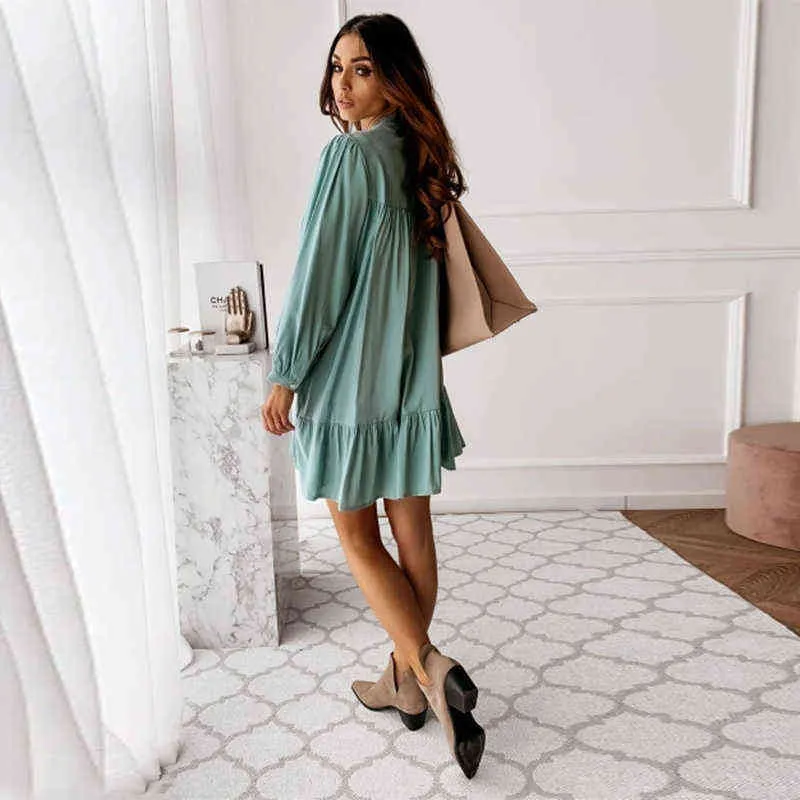 Women Vintage Ruffled Front Button A-line Dress Long Sleeve Stand Collar Solid Elegant Casual Mini Autumn 220208