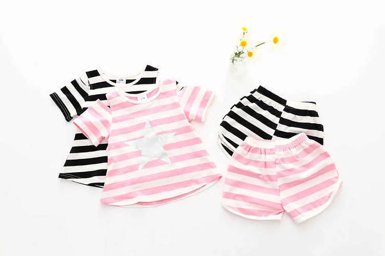 Girls Clothing Set Summer 2-10 Years Old Kids Girl Star Strip Print Wrap Shoulder T Shirt+Shorts Sports 2 Pcs Tracksuit Set (14)