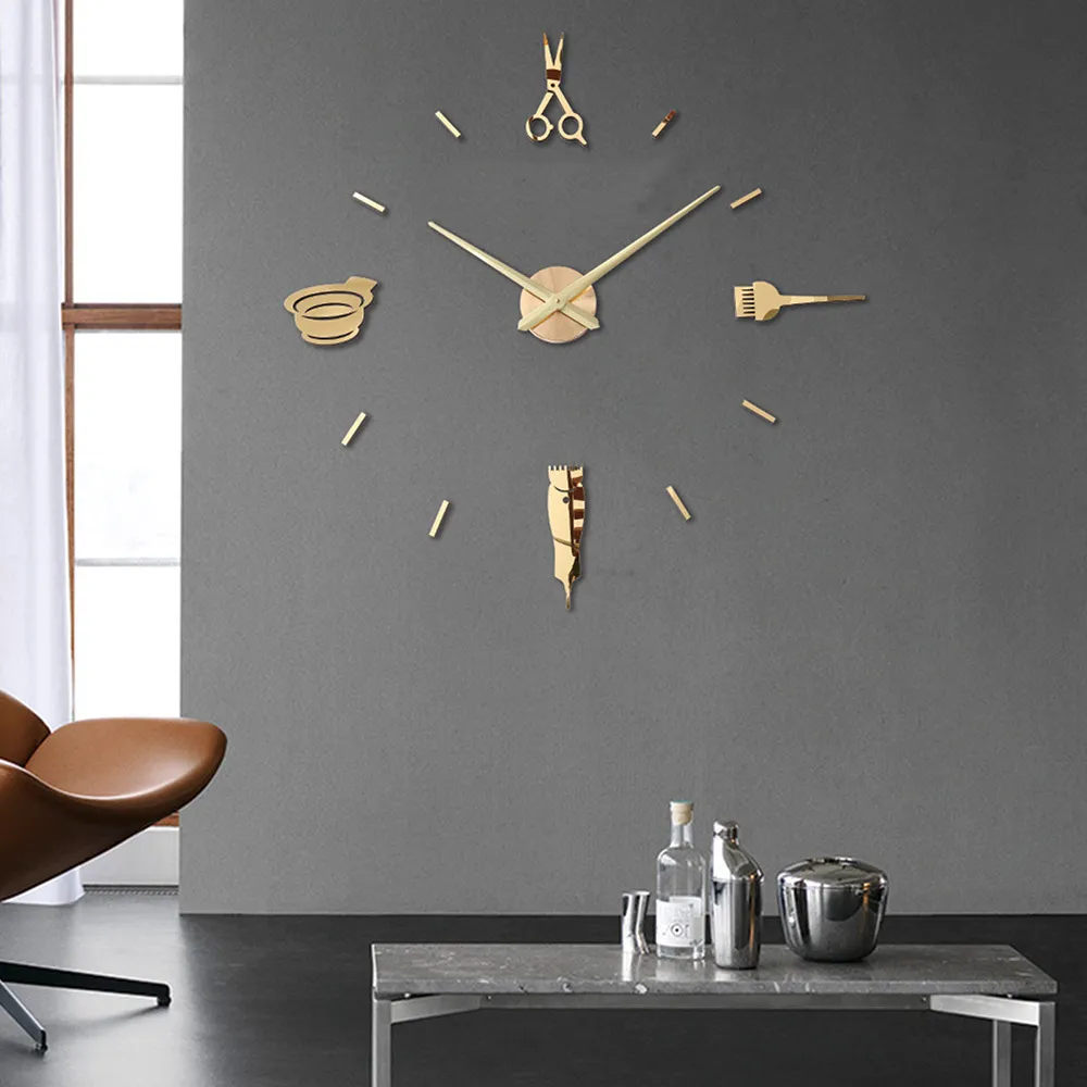 Giant Wall Clock Barber Pole Shears DIY Salon Decor Black Big Needle ...