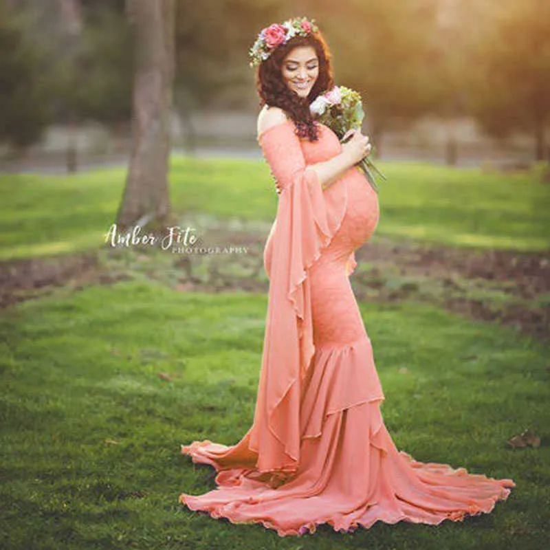 Syrenka Ramka Maternity Strzelać Sukienka Koronkowa Długa Ciąża Sukienka Ruffles Kobiet w ciąży Maxi Suknia macierzyńska Dla fotografii Shoot Y0924