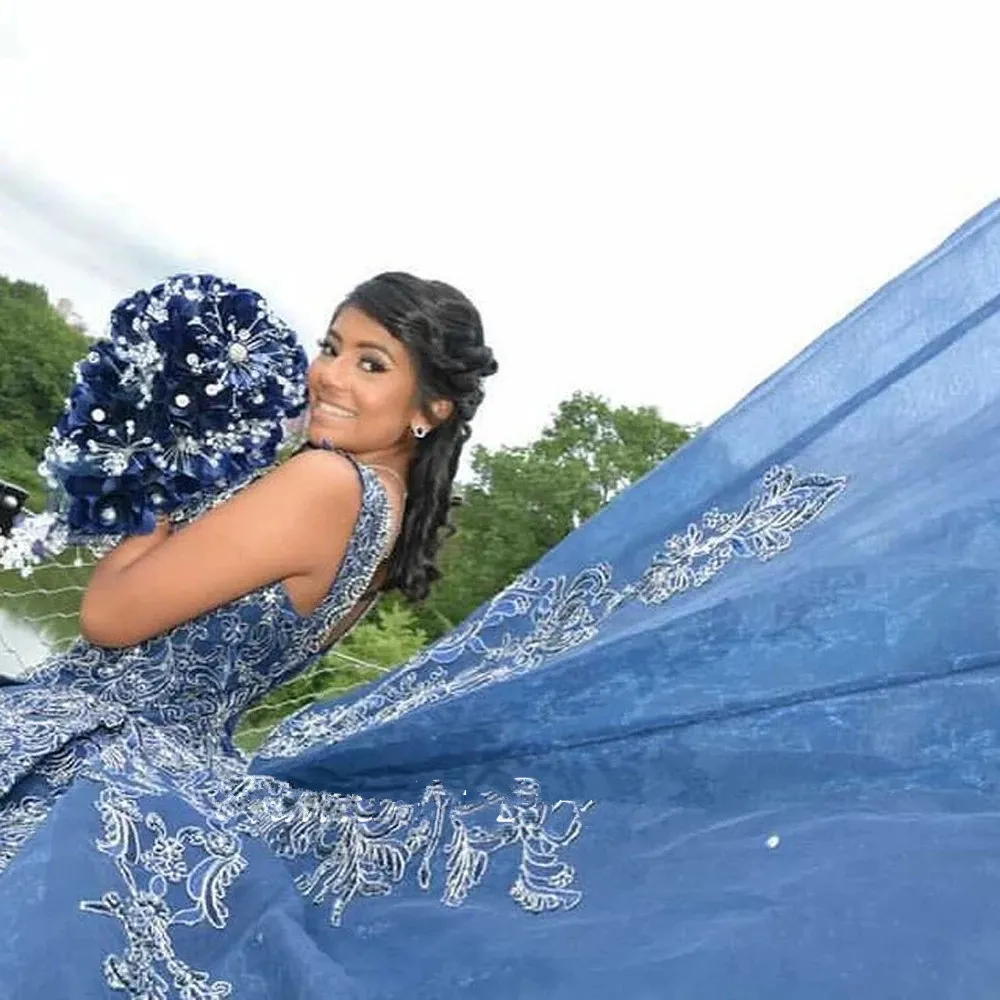Royal Blue Lace Princess Ball Gown Quinceanera Blue wedding dress with V-Neck and Sweep Train - Plus Size