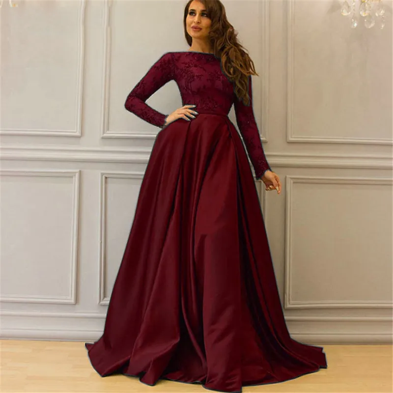 formal dresses burgundy satin long sleeve wrap dress