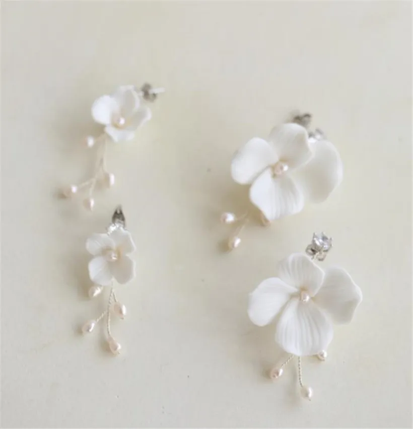 White Ceramic Flower Earrings Wedding Bridal Jewelry Set Freshwater Pearls Flowers Floral Earring Fashion Charm Dropping Long Drop Stud Dangle Ear Ornament