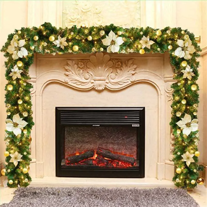 2.7M Luxury Christmas LED Rattan Garland Decorative With Lights Flower Green Artificial Xmas Tree Banner Party Decoration Wreath 211122