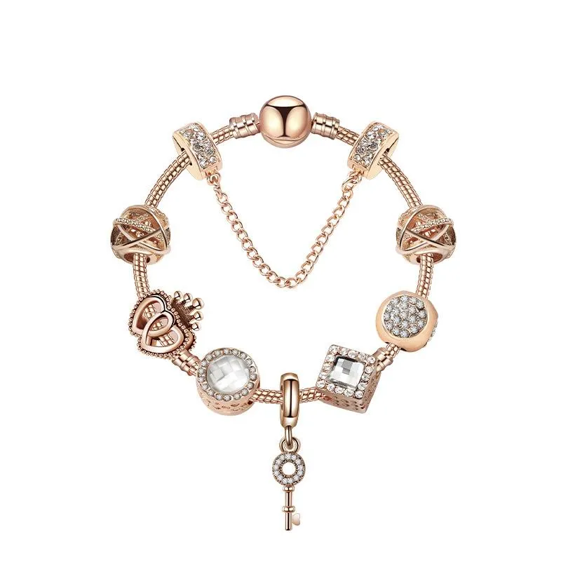 Original Pandoras 925 Silver Rose Gold Crystal Lock Pendant Bracelet DIY Beads Charm Safety Chain Bracelets Jewelry Holiday Gift