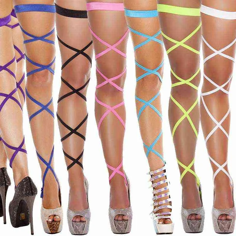 Plus Size Lingerie Women Sexy High Thigh Stockings Gothic Punk Cross Bandage Leg Wrap Ladies Pole Dance Club Party Hosiery Y1119