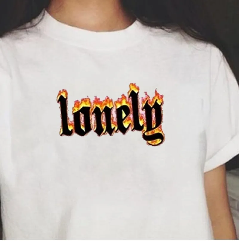 Lonelg Flame Imprimé Summer Mode 100% coton Tumblr Femme T-shirt Style de rue Cool grunge punk unisexe tee 210518