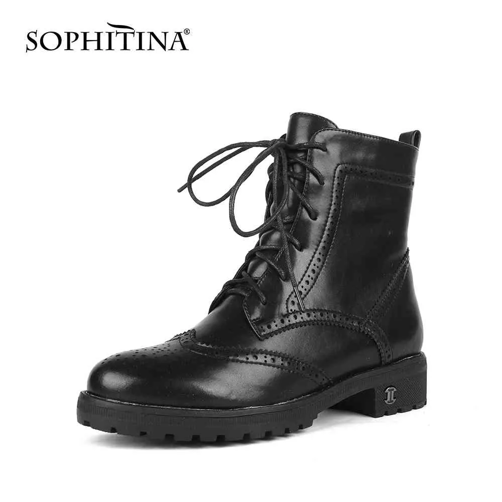 SOPHITINA Winter Block Punky Retro Style Martin Ankle Boots Woman Genuine Leather Print Fretwork Low Square Heel Flat Shoe PC850 210513