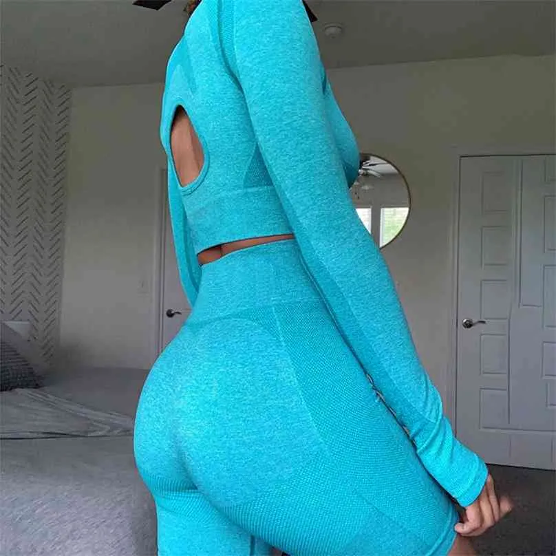 Seamless Sport Set Women Blue Two Piece 2PCS Long Sleeve Crop Top T-Shirt Booty Shorts Workout Outfit Fitness Gym Wear Yoga 210802