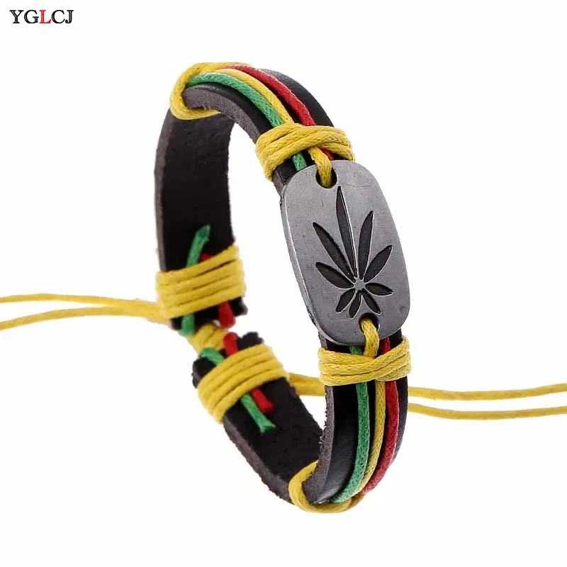 Retro Leather Bracelet Alloy Jewelry Colorful Maple Leaves Rope Bracelet Punk Jamaican Reggae Red Yellow Green Men'S Dangle Decorate