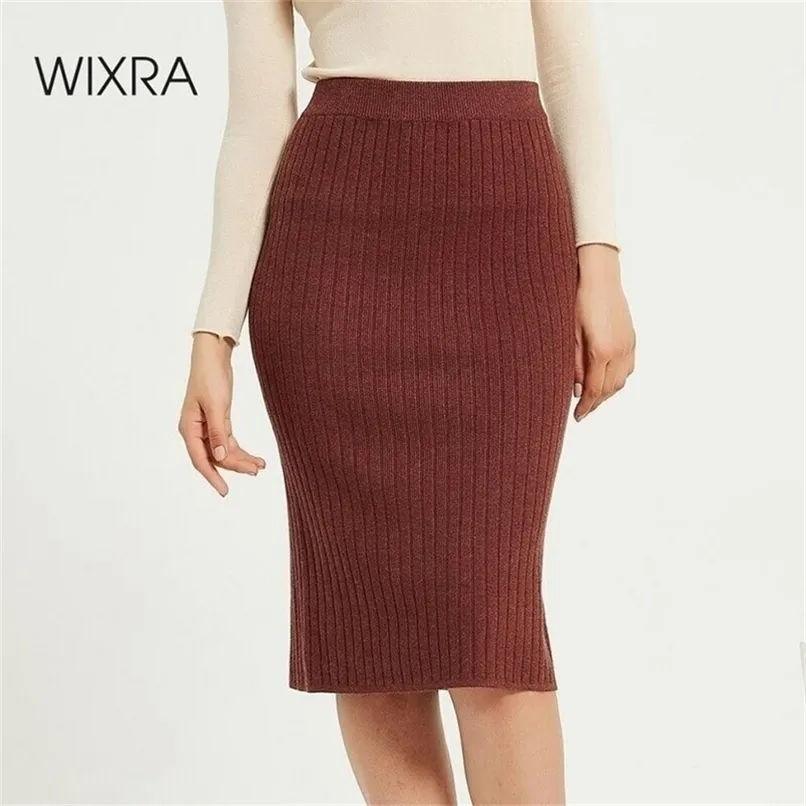 Wixra femmes jupes tricotées mince solide basique dames taille haute genou longueur jupe Streetwear automne hiver 210619
