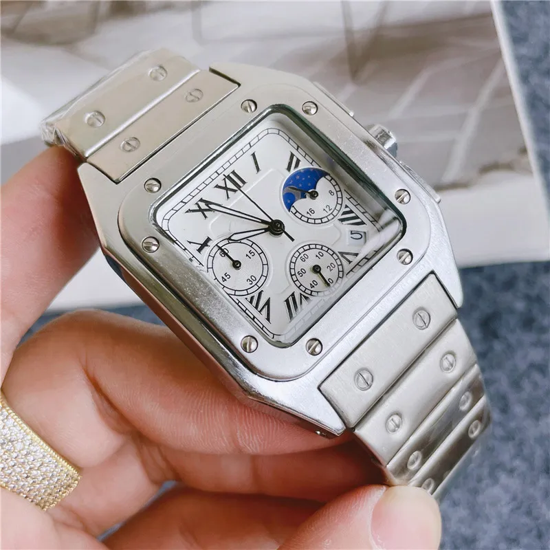 Brand Watches Men Square Multifunction Style High Quality Stainless Steel Band Wrist Watch Small Dials Can Work CA55