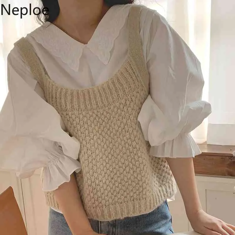 Nepoel vrouwen vintage vest veter-up holle gebreide trui lente mouwloze slanke bijgesneden vierkante hals camisole tops trek femme 210422