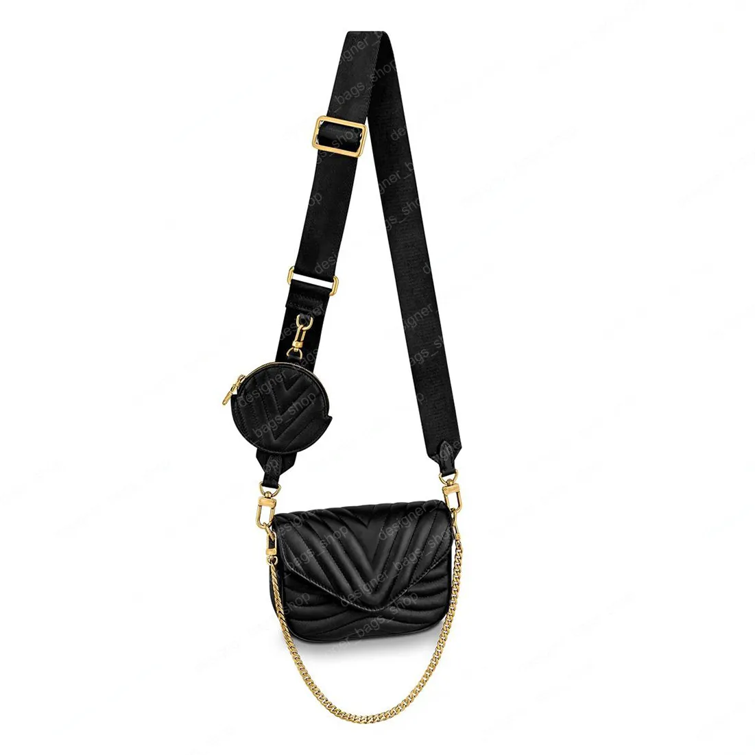 2021 New Wave Multi Pochette Sac à bandoulière de luxe avec porte-monnaie Porte-monnaie polyvalent Petit sac à main Chaîne en or Sacs à bandoulière Pochette en cuir véritable en noir blanc M56461