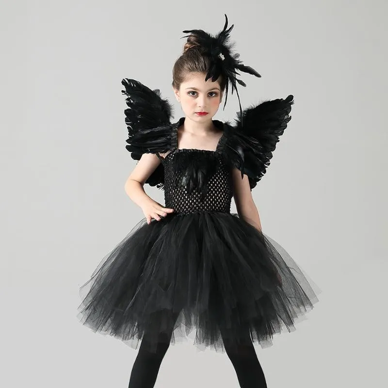 Vestidos de niña Girtls Black Swan Cosplay Disfraces Niños Littler Evil Dress Up para niños Feather Play Bird Ropa Girl Party Frocks