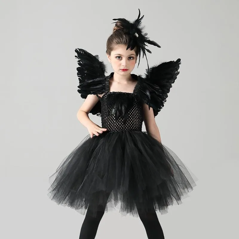 Abiti da ragazza Girtls Black Swan Costumi Cosplay Bambini Littler Evil Dress Up For Kids Feather Play Bird Abbigliamento Girl Party Frocks