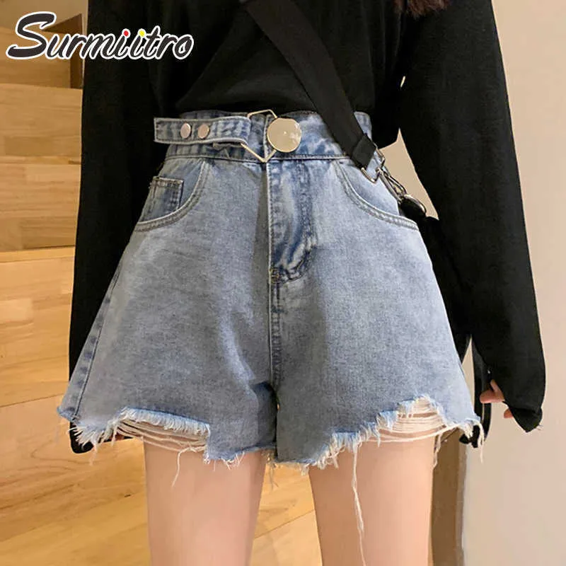 Surmiitro sommar mode blå denim shorts kvinnor koreanska stil rippade tsssel hög midja kvinnlig brett ben kort byxor jeans 210712