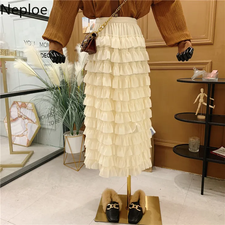 Neploe Ruffle Patchwork Chiffon Kjol Kvinnor Vår Sommar Koreanska Högt Midja Söt Kjolar Kvinnor Vit Fashion Peated Faldas 210422