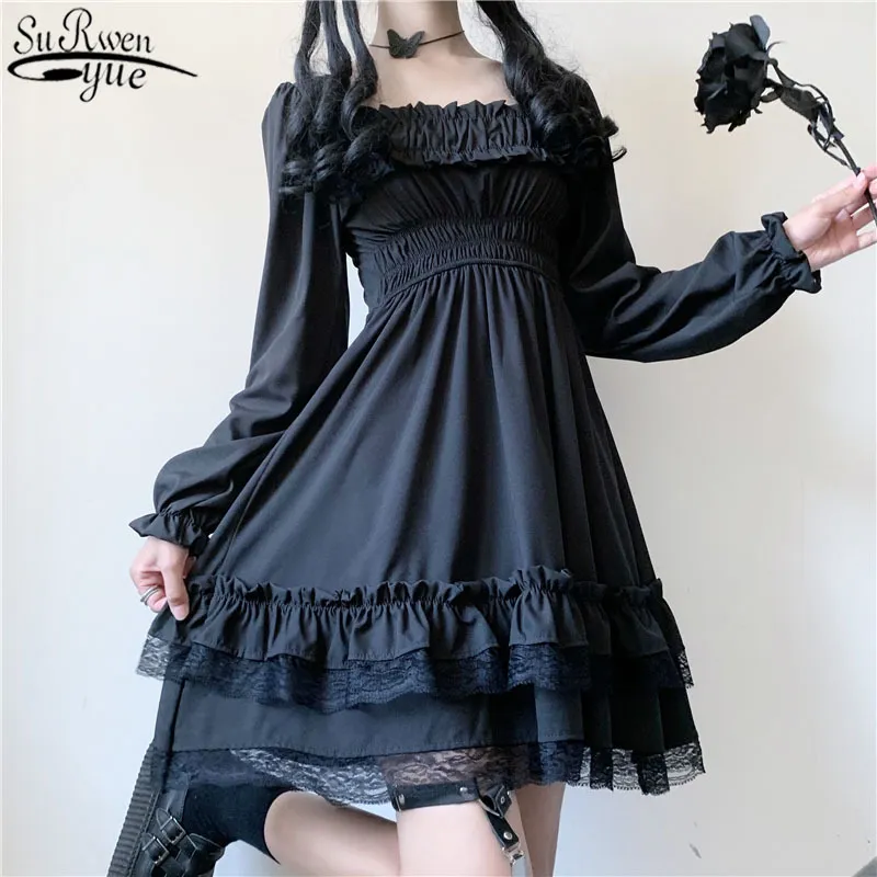 Rękaw Puff Party Dresses Moda Kobiety Czarny Mini Z Koronką Slash Neck Wysoka Talia Gothic Robe FEMME 12991 210427