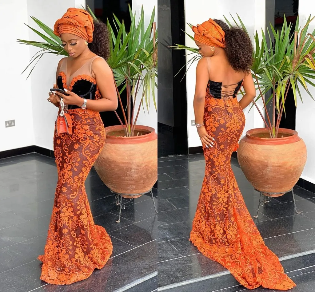 Robes de soiree en dentelle ASO EBI Sirene du cou en V plus taille plus taille Robes de bal africaines noires orange