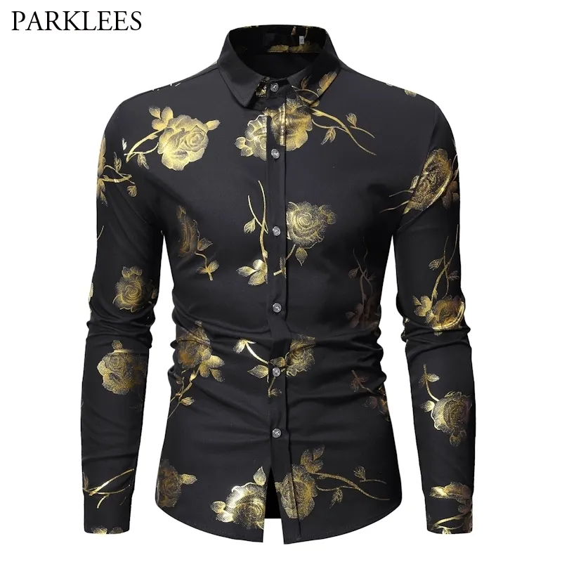 Gold Rose Floral Bronzing Black Shirt Men Spring Slim Fit Long