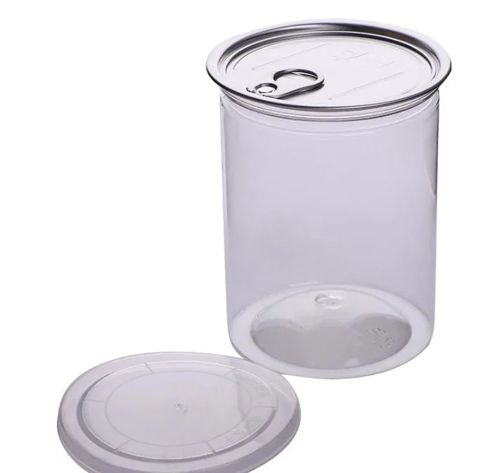 Flaskor Packing Office School Business Industrial485ml 85 * 100mm Klar plastburk Pet med PL Ring Metal Lock Airtight Tin Can Food